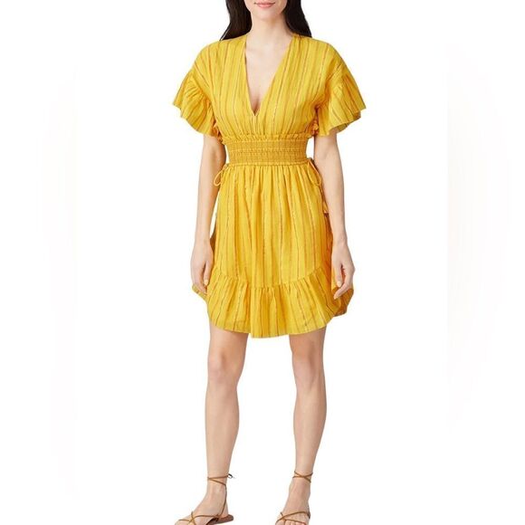 Saylor Yellow Adrianne Ruffle Sleeve Smocked Waist Mini Dress Sz M - Picture 2 of 16